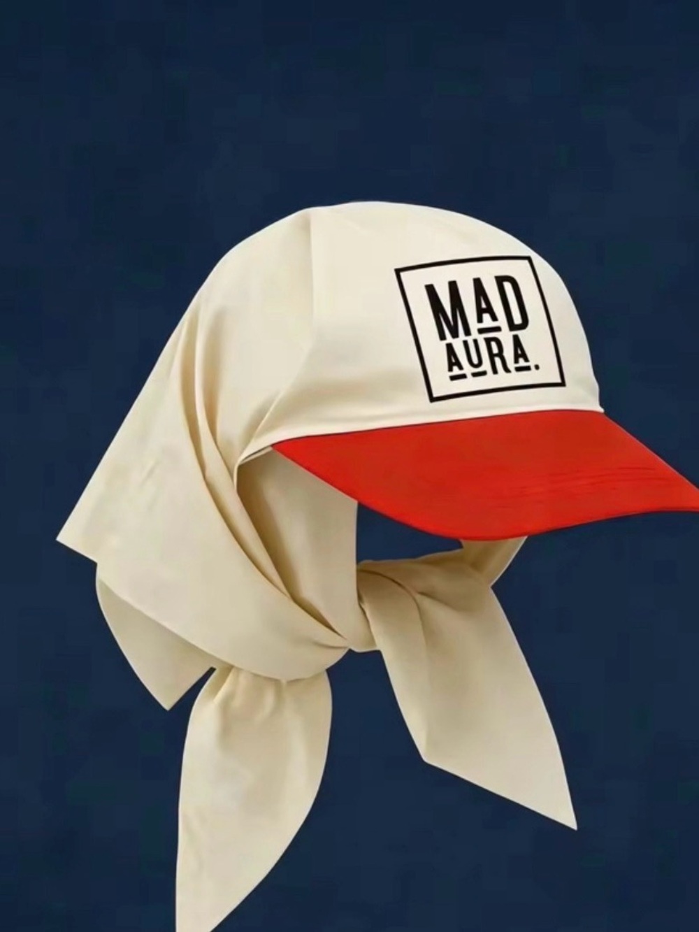 MAD AURA Two-Tone Scarf Cap in Cream and Red